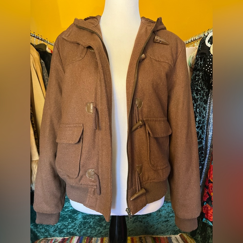 Brown bomber jacket with hood